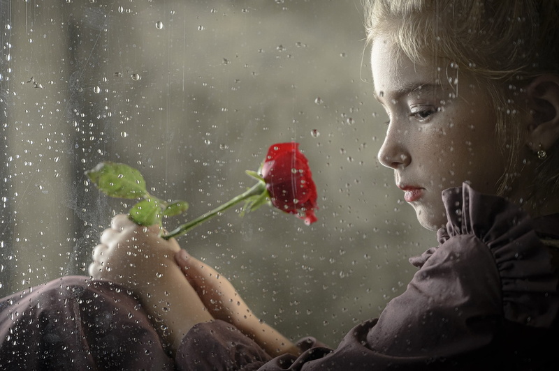 sad, face, children, flowers, window, rain, 1080P