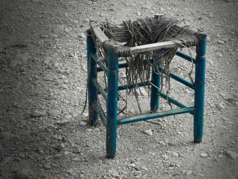 chair, absence, still life, outdoors, peeling paint, old, sand, stool, 4K, wall - building feature, beach, day, table, metaphor, high angle view, no people