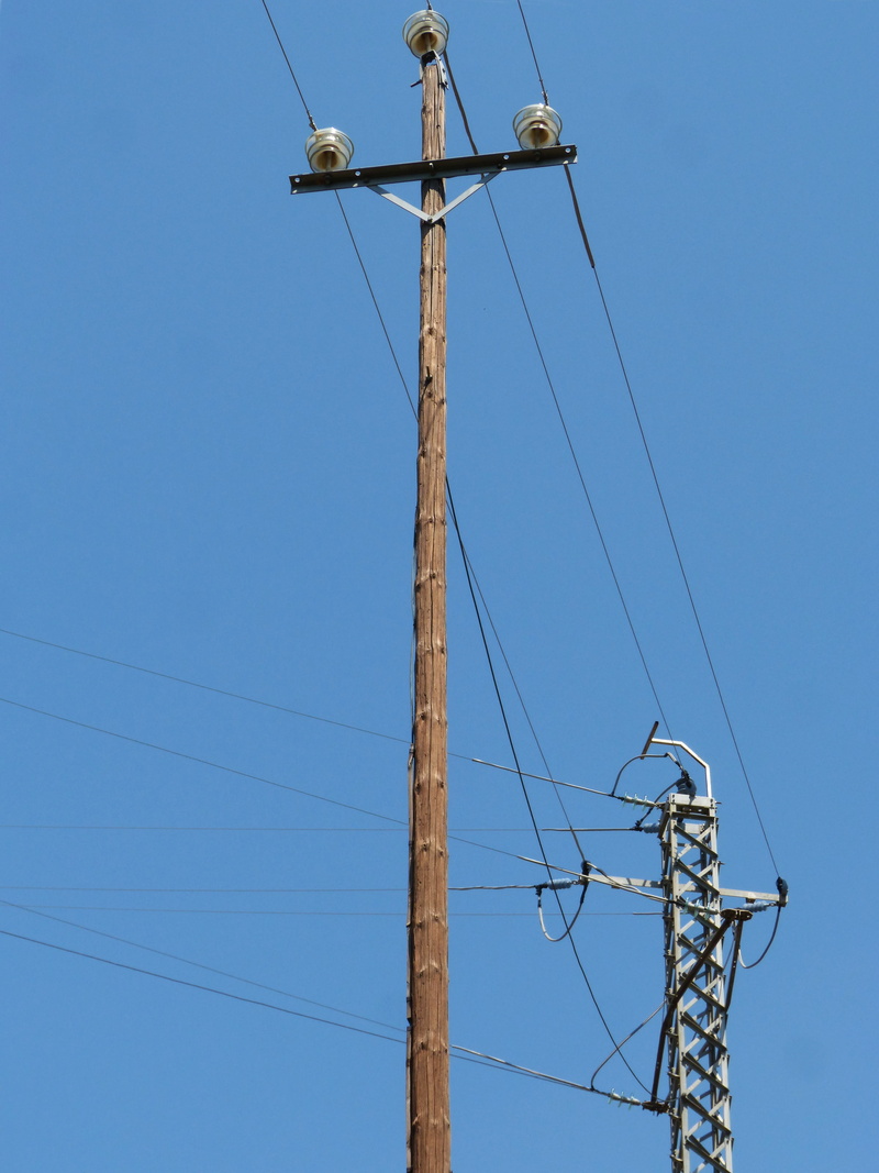 electrical equipment, telephone pole, power supply, metaphor, telephone line, outdoors, low angle view, new and old, electricity, sky, power line, fuel and power generation