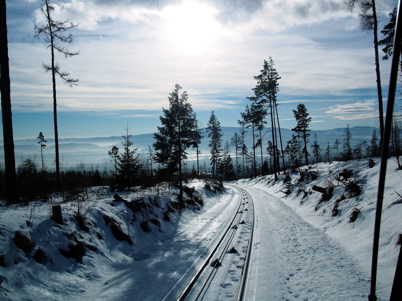 nature, tranquil scene, transportation, sun, sky, snowcapped mountain, scenics, winter, 4K, tree, landscape, railroad track, scenics - nature, cloud - sky