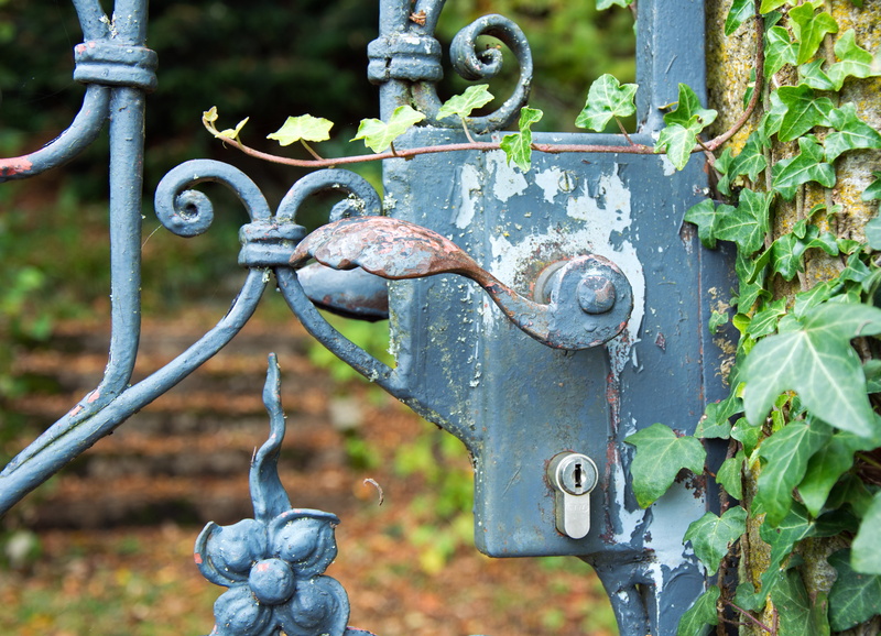 silver colored, boundary, iron, ailing, lock, outdoors, handle, door, close-up, fence, focus on foreground, photography, access, weathered, door handle
