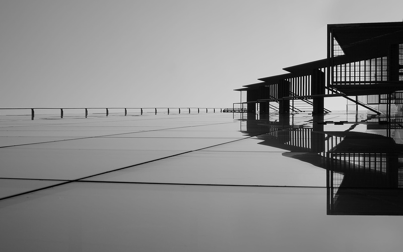 dusk, architecture, sunset, building exterior, connection, graphics, dawn, landscape, modern, railing, water, sky, quality, abstract, shadow, jetty, travel