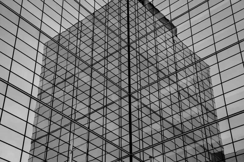 panoramic, glass - material, office building exterior, midtown, full frame, gray, grayscale, scene, low angle view, no people, tower, center, building