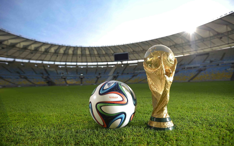 trophy, focus on foreground, green color, sports equipment, cup, soccer ball, plant, fifa, team sport, sport, world, colored, soccer field, nature, competition