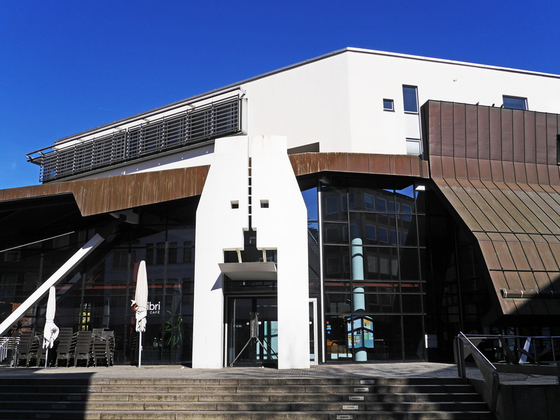 no people, building, building exterior, low angle view, office building exterior, input, blue, access, exterior, entrance, clear sky, nature, city library