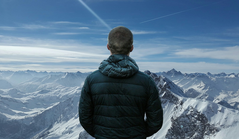 peaks, day, rocky, winter, achieve, leisure activity, snow, mountain range, 2K, snowcapped mountain, cloud - sky, alps, looking at view, man, rear view
