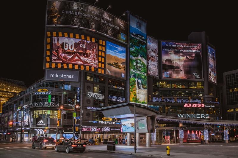 nightlife, modern, city life, 5K, skyscraper, building, billboard, built structure, billboards, night, skyline, text, urban Scene, tower, lights, street