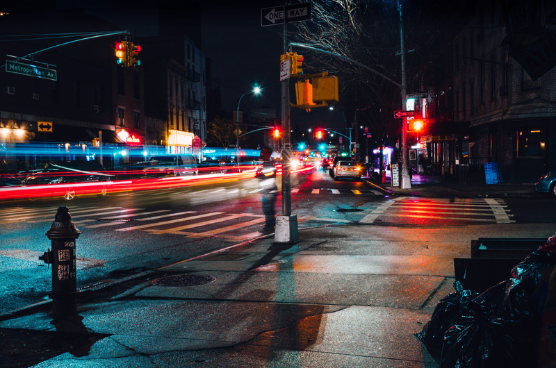 downtown District, color Image, illuminated, mode of Transport, light trail, street Light, lapse, night, people, time, traffic, travel, architecture, crossroad