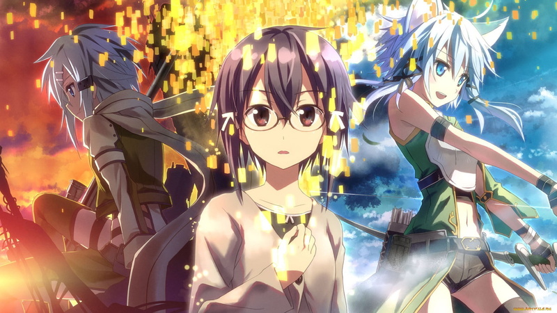 anime girls, blue hair, Sword Art Online, glasses, blue eyes, manga, Gun Gale Online, Asada Shino, 1080P, cat ears, anime