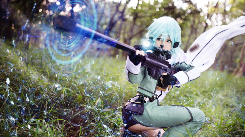 holding, 1080P, misa tw cosplayer sword art online asada shino cosplay, armed forces, day, outdoors, army soldier, headwear, tree, weapon, army, portrait