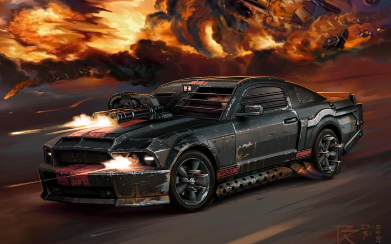Race, Explosions, cars, 1080P, black, artwork, guns, death, art, digital