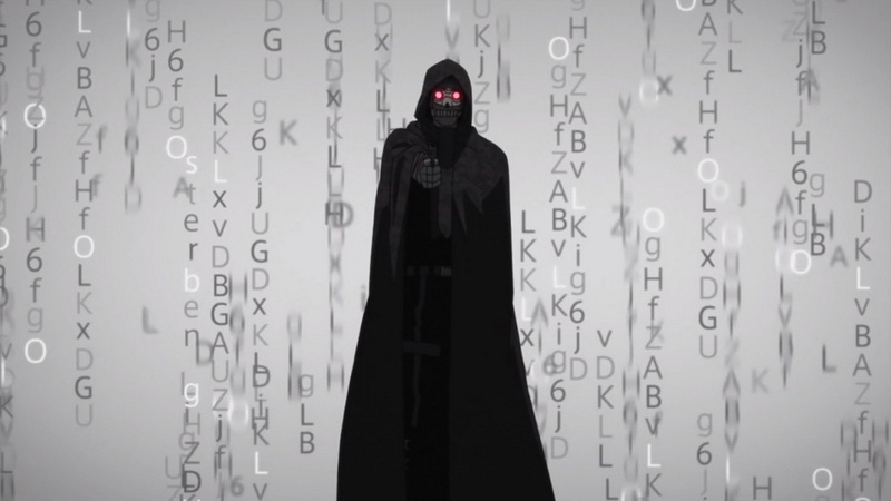 black color, 1080P, human representation, digital composite, three quarter length, indoors, Death Gun (Sword Art Online), mystery, security, hood - clothing