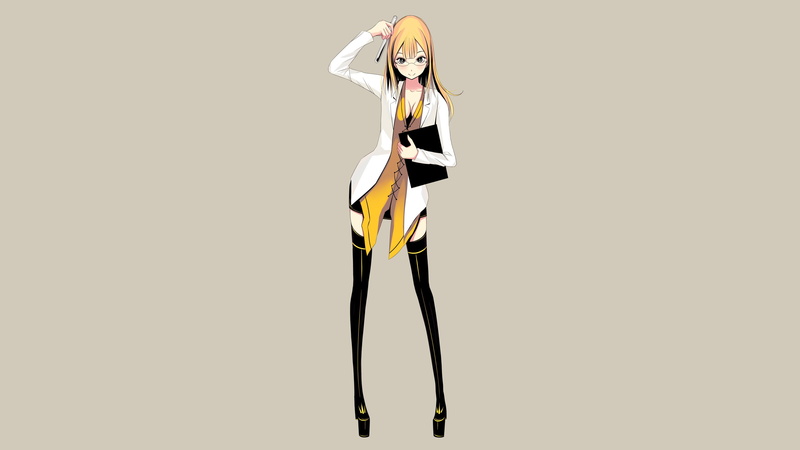 meganekko, original characters, thigh-highs, 2K, simple background, skirt, glasses, long hair, shirt, anime girls