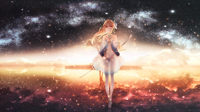 anime, blonde, katana, drawing, stars, women, glowing, horizon, 1080P, weapon, long hair, dress