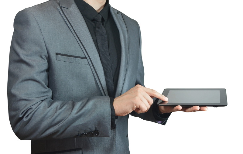 indoors, screen, holding, technology, wireless, mobility, electronic, studio shot, touching, black, one person, suit, businessman, mobile, wireless technology
