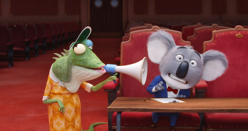 family, cinema, film, 2K, movie, animated film, Sing, chameleon, animal, animated movie, megaphone, theater, koala