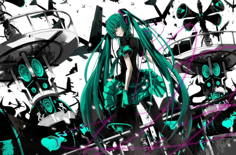 airplanes, girl, vocaloid, miruto, 1080P, koi, hatsune, miku, illustration, anime, character, haired, sensou, wires, megaphone, netsuki, art, green