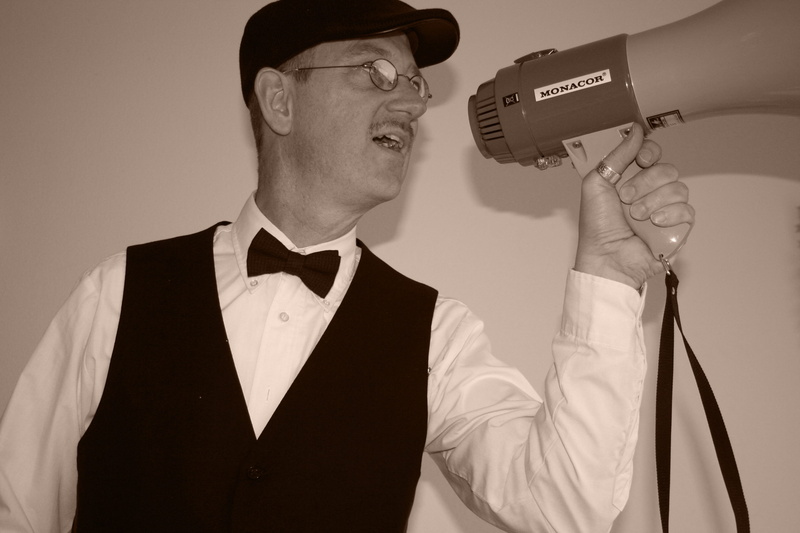 standing, occupation, megaphone, studio shot, two people, indoors, males, holding, bow tie, adult, people, film, well-dressed, text, formalwear, glasses
