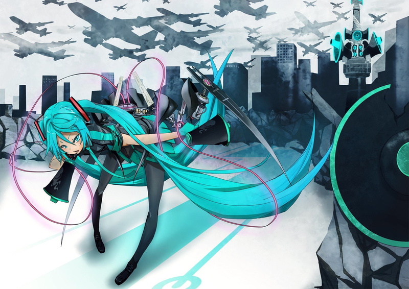 twintails, airplanes, buildings, green, sleeves, detached, 720P, long, stockings, vocaloid, miku, hair, war, wires, megaphones, love, hatsune
