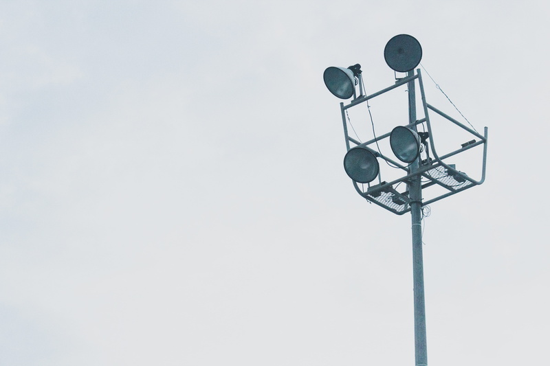 clear sky, technology, outside, gray, tech, megaphone, urban, light, communication, nature, no people, stadium, brazil, security camera, lamp, lighting equipment