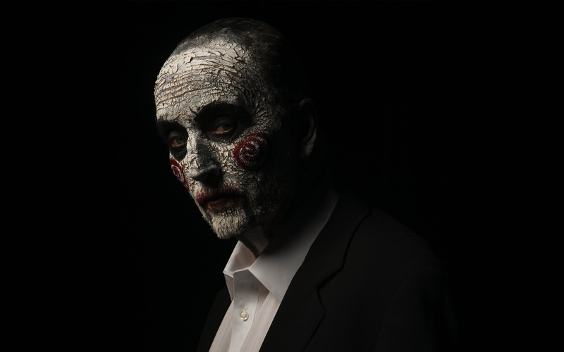 headshot, looking at camera, evil, fear, dark, suit, Movies, human face, adult, portrait, celebration, one person, black background, 4K, horror, copy space