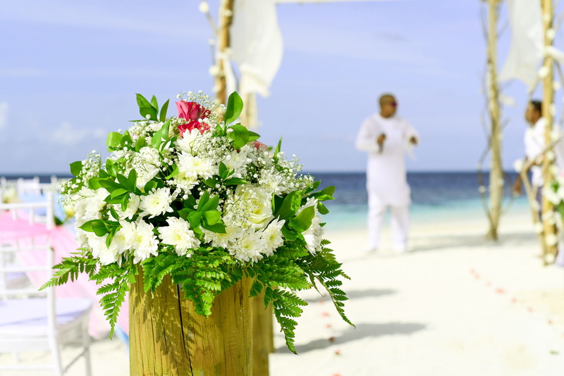 2K, ocean, wedding, flowers, beauty in nature, water, people, nature, clouds, decor, beach, newlywed, chairs, plant, beach wedding, leaves, landscape