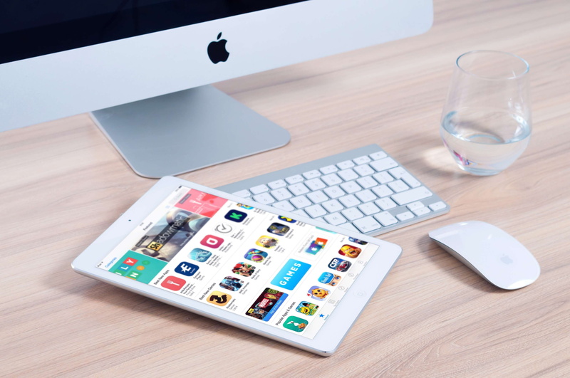 home office, imac, high angle view, workplace, 4K, wireless technology, wood - material, ipad, keyboard, indoors, tablet, web, mockup, desk, mouse, no people
