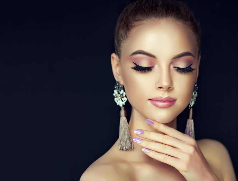hand, face, girl, portrait, beauty, makeup, 5K, black background, manicure, luxurious, earrings, model, Beautiful, style