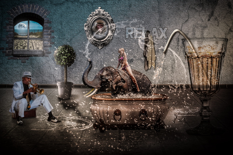 mystical, mood, spirituality, indoors, wine glass, fantasy, bath, elephant, room, bad, nature, belief, absurd, swim, religion, art and craft, human representation