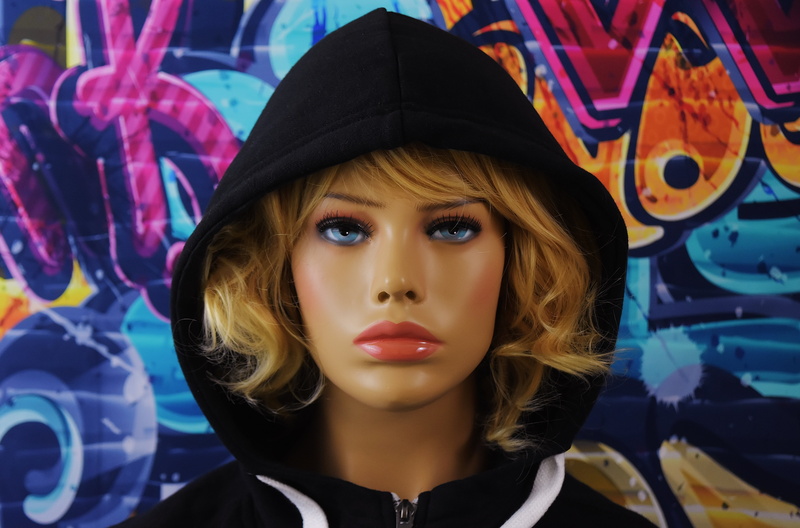dolls head, adults only, young women, front view, woman, lipstick, 5K, human face, hood, one person, young adult, model, women, graffiti, street art, only women