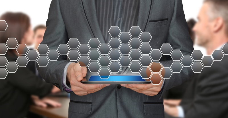 teamwork, 5K, honeycomb, midsection, solution, idea, vision, networking, adult, cooperation, togetherness, businessman, holding, tablet, relationship
