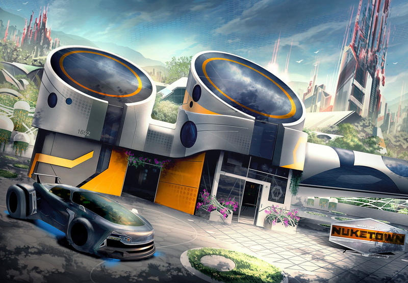 futuristic, silver colored, sky, motor vehicle, built structure, Call of Duty, land vehicle, travel, outdoors, building, digital composite, digital