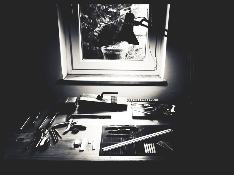 black-and-white, window, potted plant, computer, connection, office, keyboard, room, sunlight, furniture, nature, indoors, computer equipment, table, no people