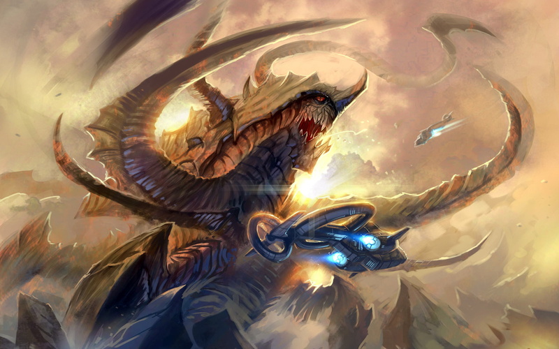 Starcraft, Terran, aircraft, dragon, reflection, swimming, animal, high angle view, battle, fantasy, full frame, animal wildlife, ships, nature, 1080P
