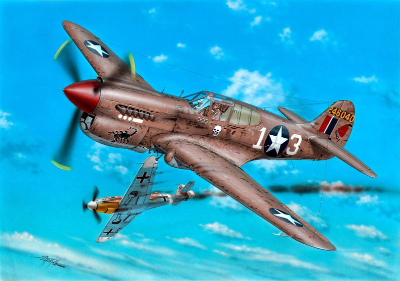 P-40K, 64th Fighter Squadron, fighter, WWII, Combat aircraft, 1080P, Bf.109, Lt R.Johnson, 57th Fighter Group