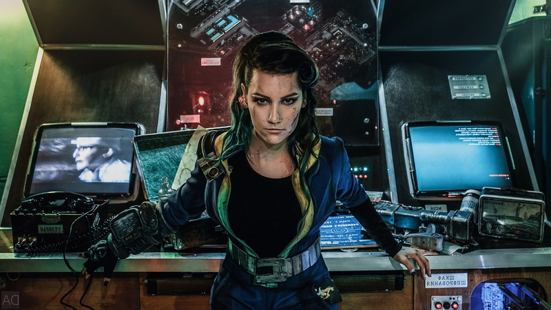 looking at camera, brown hair, three quarter length, computer equipment, hairstyle, occupation, waist up, 1080P, fallout 4 bethesda softworks cosplay pip boy apocalyptic video games amiko chan fallout