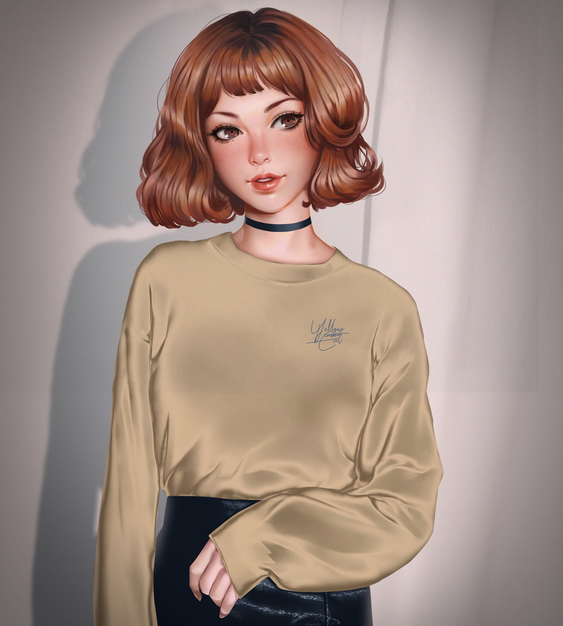 1080P, simple background, anime girls, redhead, portrait display, anime, artwork, ArtStation, looking away, choker, Lemon Cat, smile, short hair, digital painting