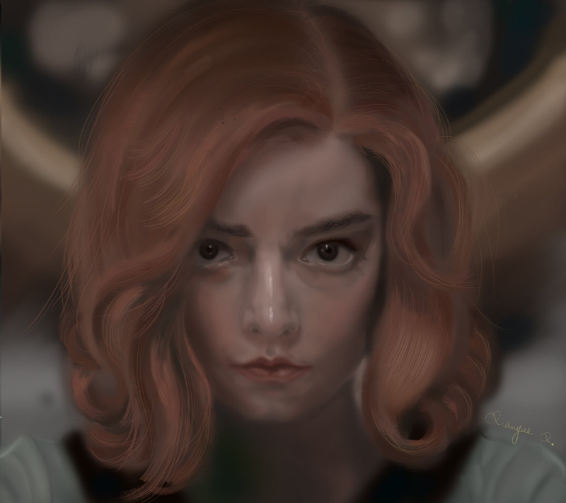 720P, fan art, short hair, drawing, portrait, women, digital art, redhead, The Queens Gambit, digital painting, Beth Harmon, Anya Taylor-Joy, face, artwork