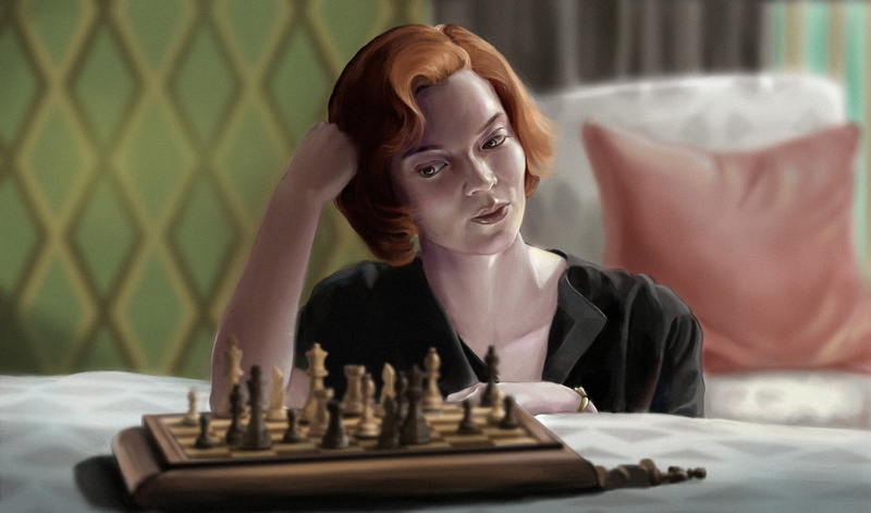 Anya Taylor-Joy, digital art, The Queens Gambit, fan art, chess, Mert Kose, women, depth of field, 720P, ArtStation, digital painting, young woman, Beth Harmon
