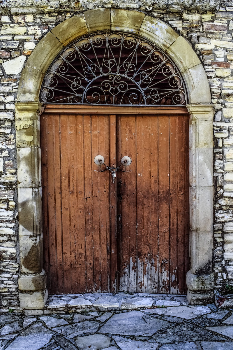 front door, pattern, outdoors, doorway, arch, protection, decay, security, no people, kato drys, building exterior, 5K, cyprus, door, building, stone wall