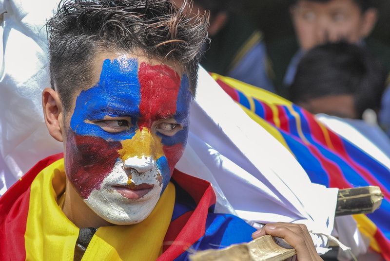 looking at camera, patriotism, crowd, multi colored, celebration, paint container, trademark, face paint, festival, man, dharamsala, lifestyles, 2K, day