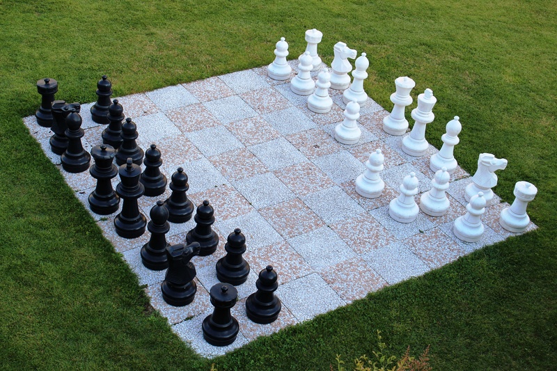 outdoors, chess, set, relaxation, rush, board game, field, park, arrangement, chess board, plant, knight - chess piece, high angle view, park - man made space
