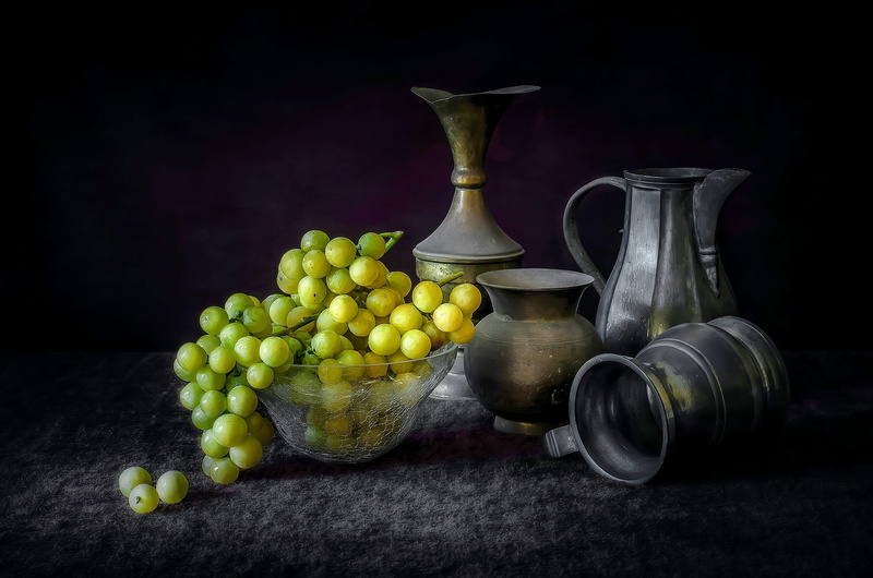 Still Life, Photography, Grapes, 2K, Pitcher, Carafe, Pewter