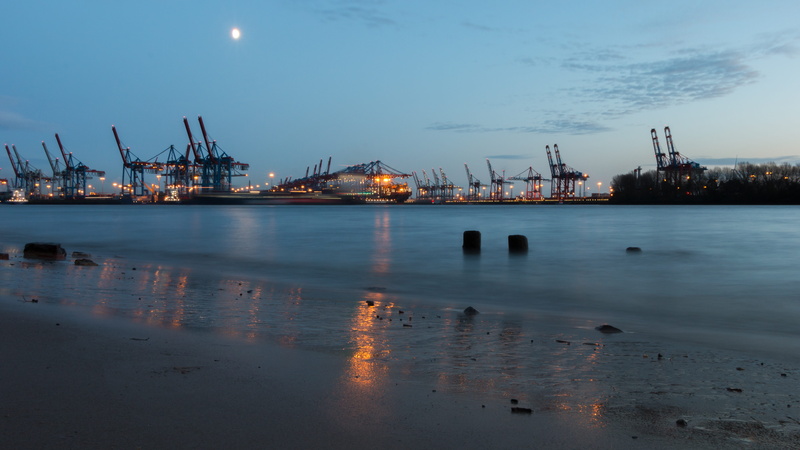 germany, freight transportation, freighter, moon, harbor, hanseatic, elbe beach, 5K, cargo container, cranes, urban, architecture, shipping, pier, nautical vessel