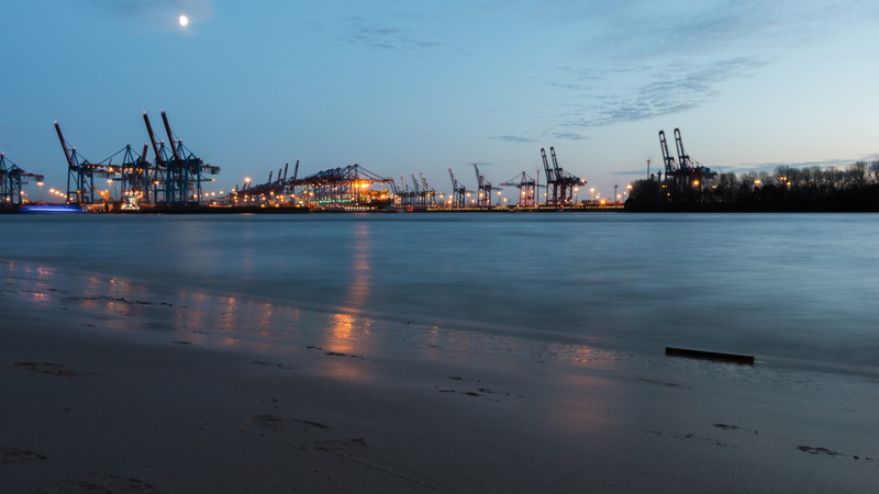 outdoors, harbor, sunset, sea, evening light, hamburg, moon, nautical vessel, cranes, port, machinery, elbe, 5K, transportation, cargo container, industry