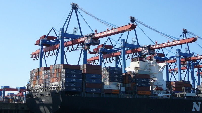 commercial dock, loading, red, sky, cranes, no people, harbor, cargo container, container, water, crane - construction machinery, transport freighter ship elbe