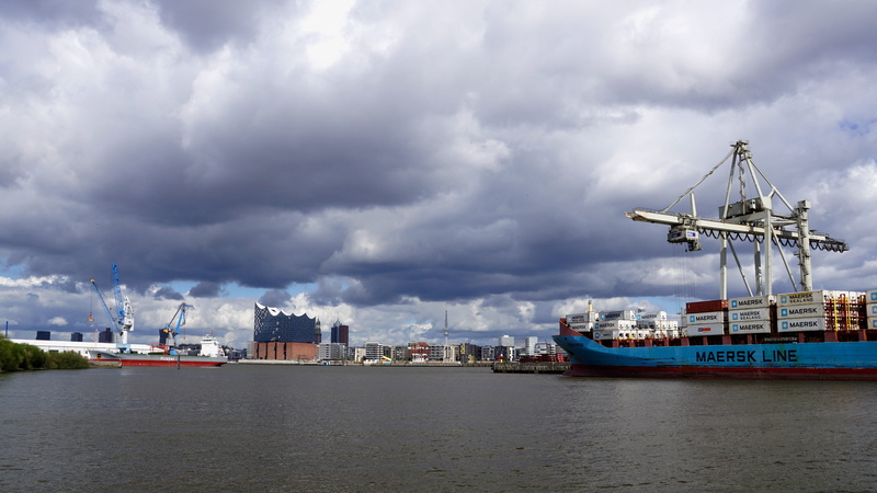 freight transportation, sky, sea, nautical vessel, elbe philharmonic hall, Hamburg, architecture, mode of transportation, ship, no people, transportation