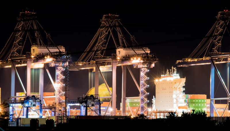 fra, 5K, seaside, nature, night, freight transportation, illuminated, transport, cargo, vessel, docks, nautical vessel, metal, shipping, architecture