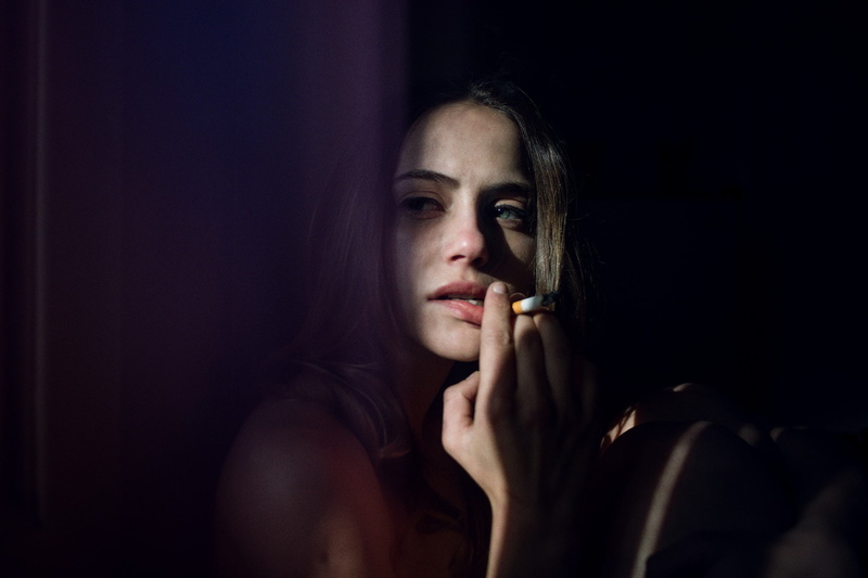 contemplation, adult, photography, indoors, headshot, smoking, front view, human hand, 1080P, women, dark, looking at camera, portrait, one person, young adult
