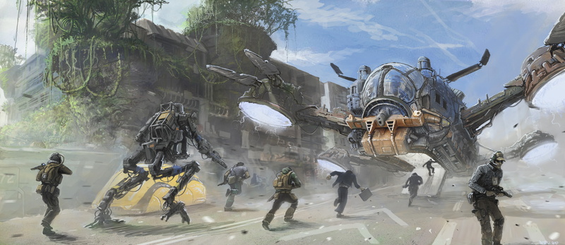 soldiers, water, adult, nature, futuristic, science fiction, transportation, day, facing, built structure, men, 4K, robot, outdoors, group of people